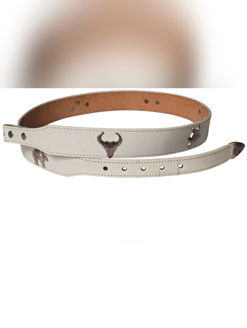Silver Creek Collection White Leather Belt with Cutout Animal Symbols